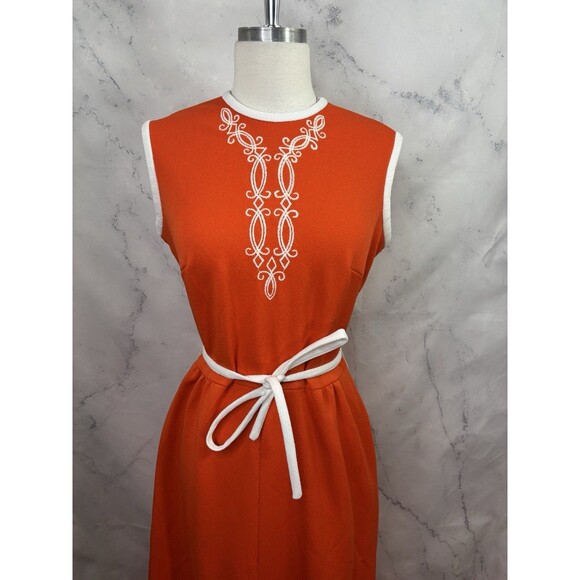 Vintage 1960's Orange MOD Sleeveless Maxi Dress M Accent Belt Groove MCM Retro - Picture 12 of 16